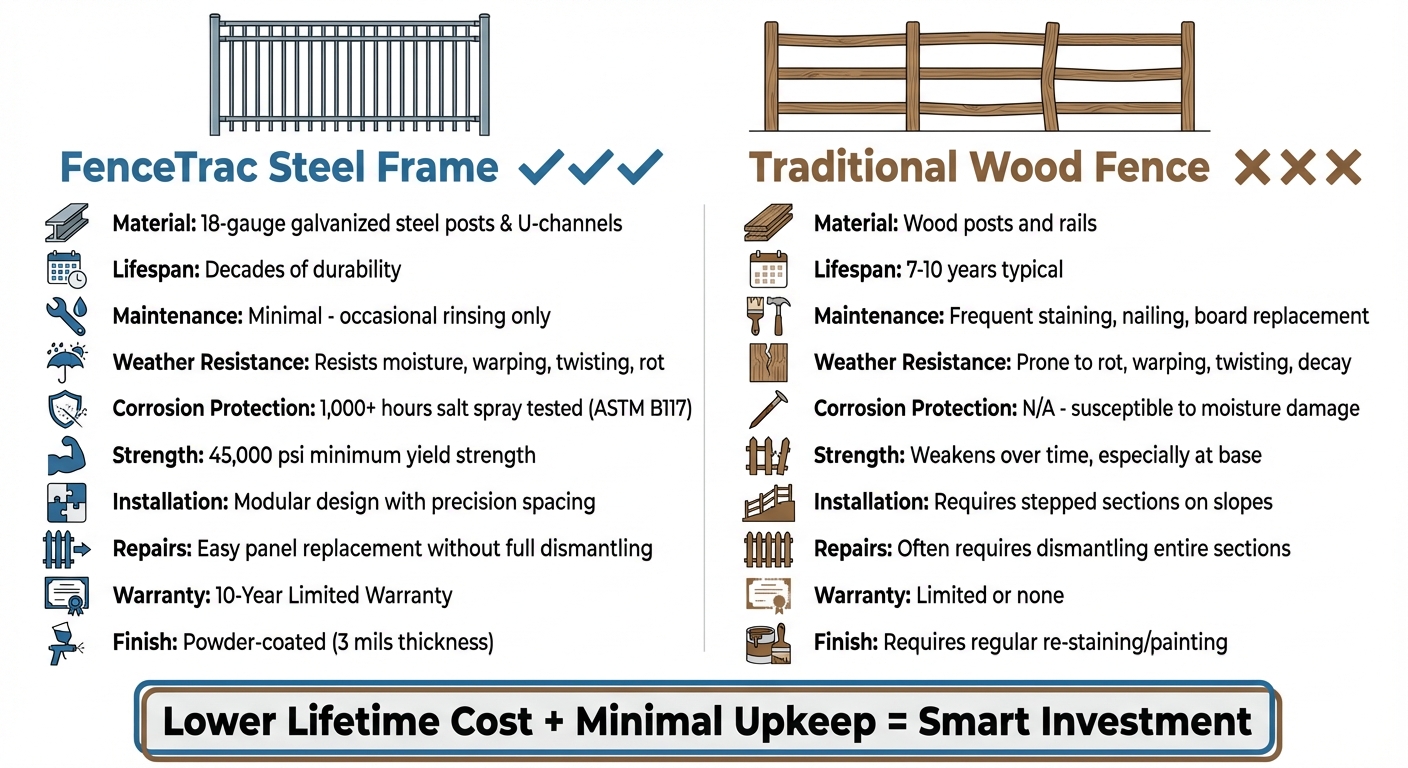 FenceTrac Steel Frame vs Traditional Wood Fence Comparison