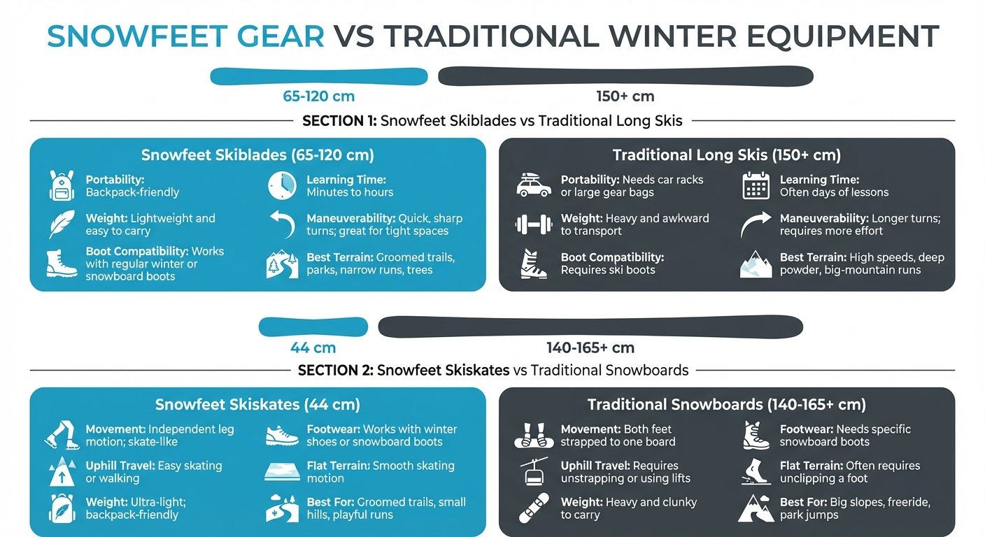 Snowfeet Short Skis vs perinteiset sukset ja lumilaudat -vertailu