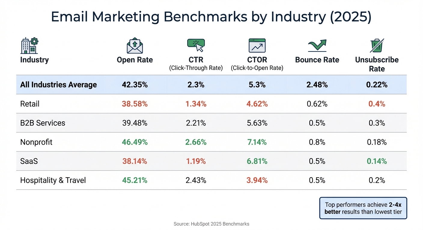 Email Marketing Benchmarks by Industry: Open Rates, CTR, and Bounce Rates Comparison
