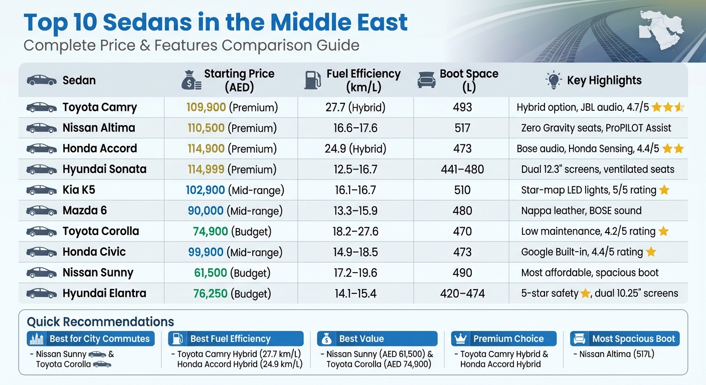 أفضل 10 سيارات سيدان في الشرق الأوسط: مقارنة الأسعار والكفاءة والمواصفات
