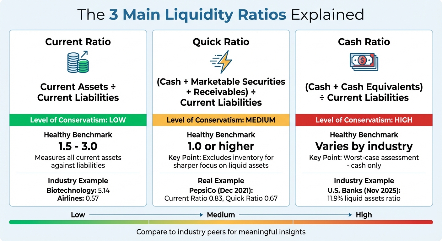 The 3 Main Liquidity Ratios: Formulas, Benchmarks, and Conservatism Levels
