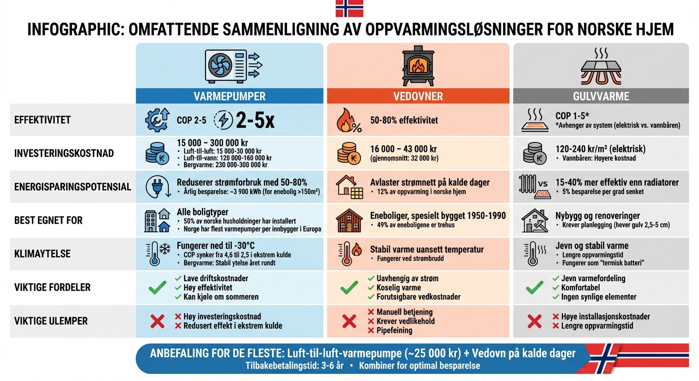 Sammenligning av oppvarmingsløsninger: varmepumper, vedovner og gulvvarme