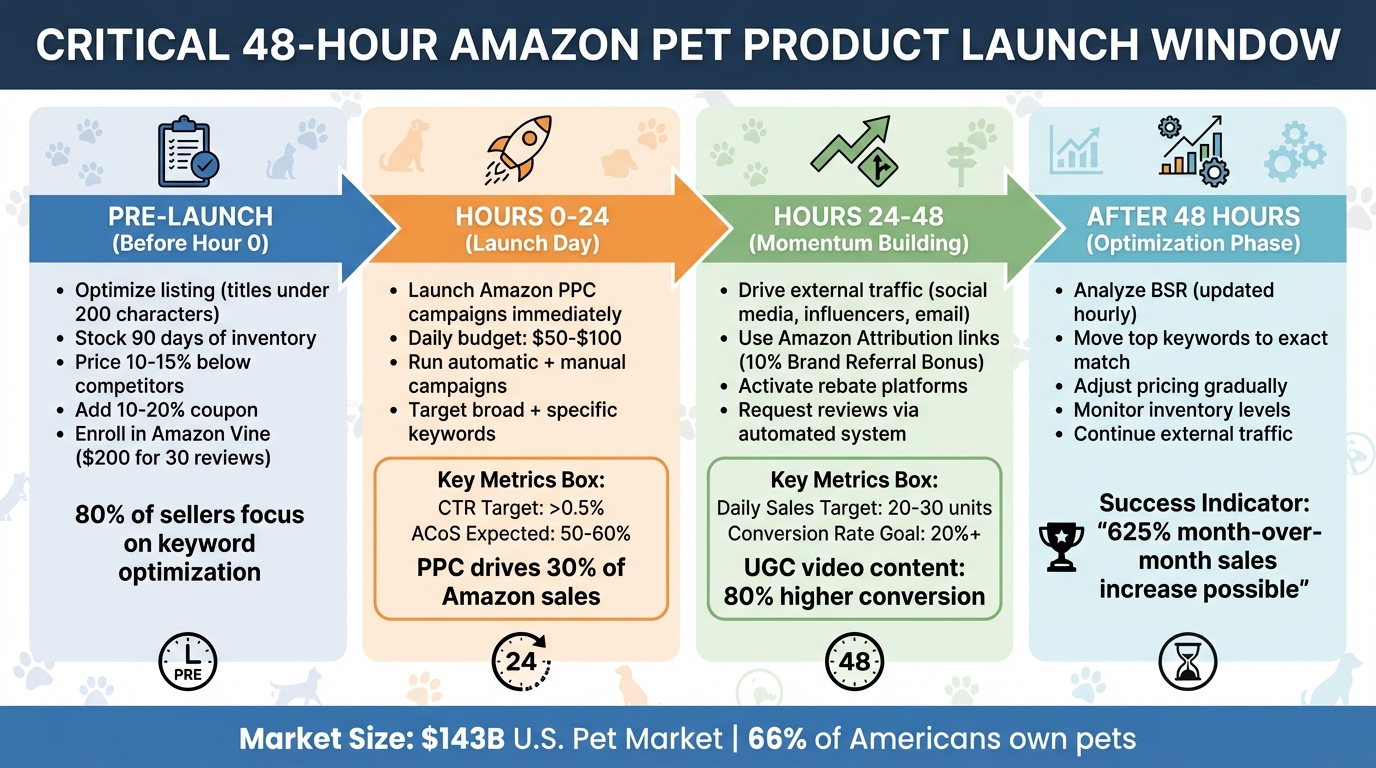 48-Hour Amazon Pet Product Launch Timeline with Key Metrics