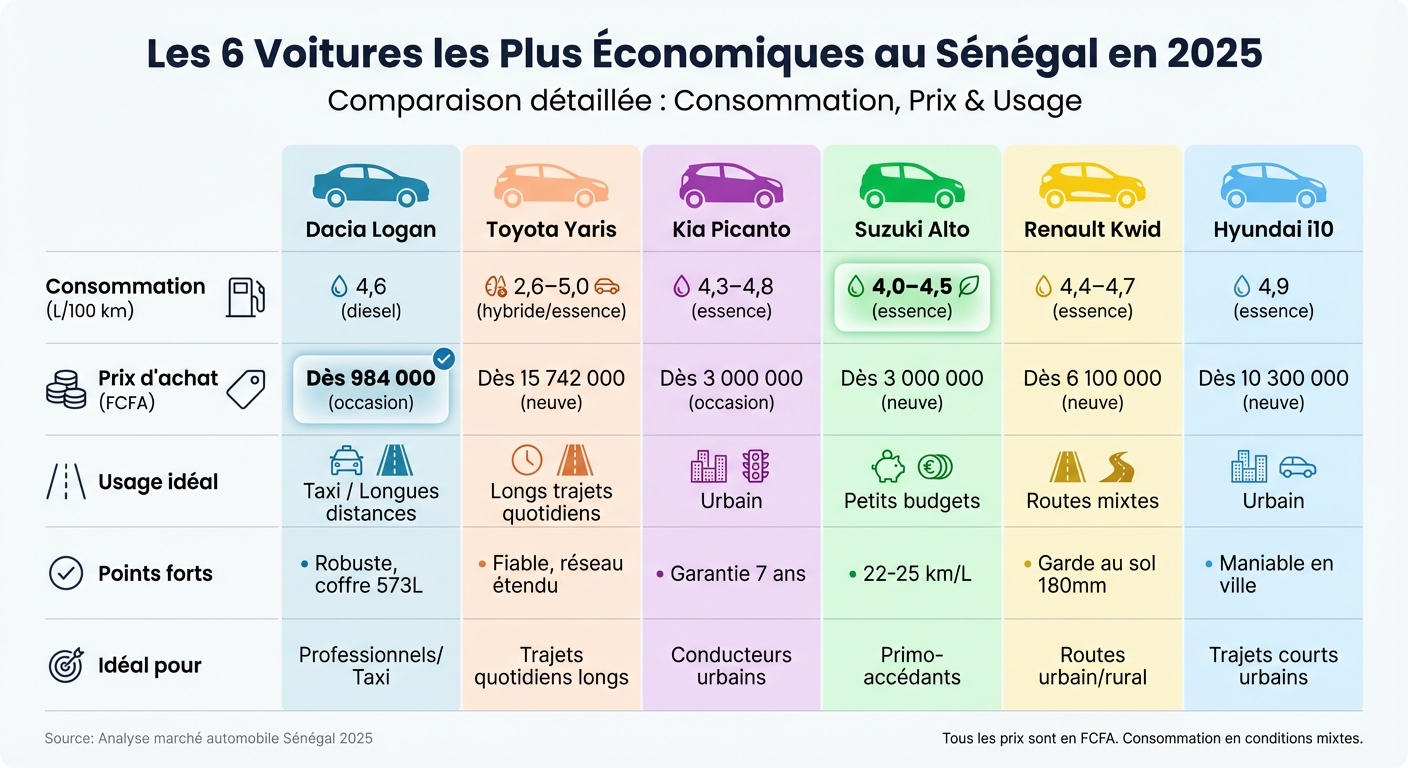 Comparaison des 6 voitures les plus économiques au Sénégal en 2025