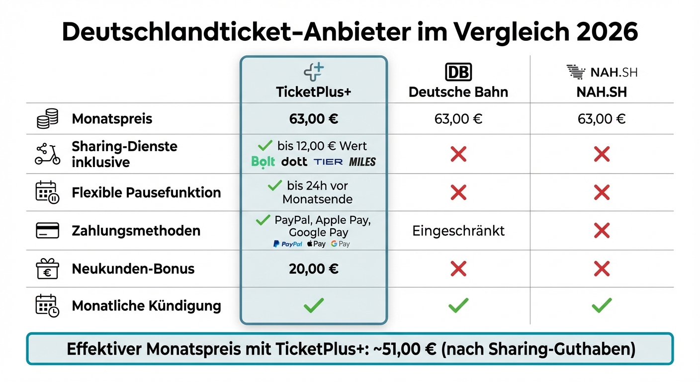 TicketPlus+ vs Deutsche Bahn vs NAH.SH Deutschlandticket Vergleich 2026