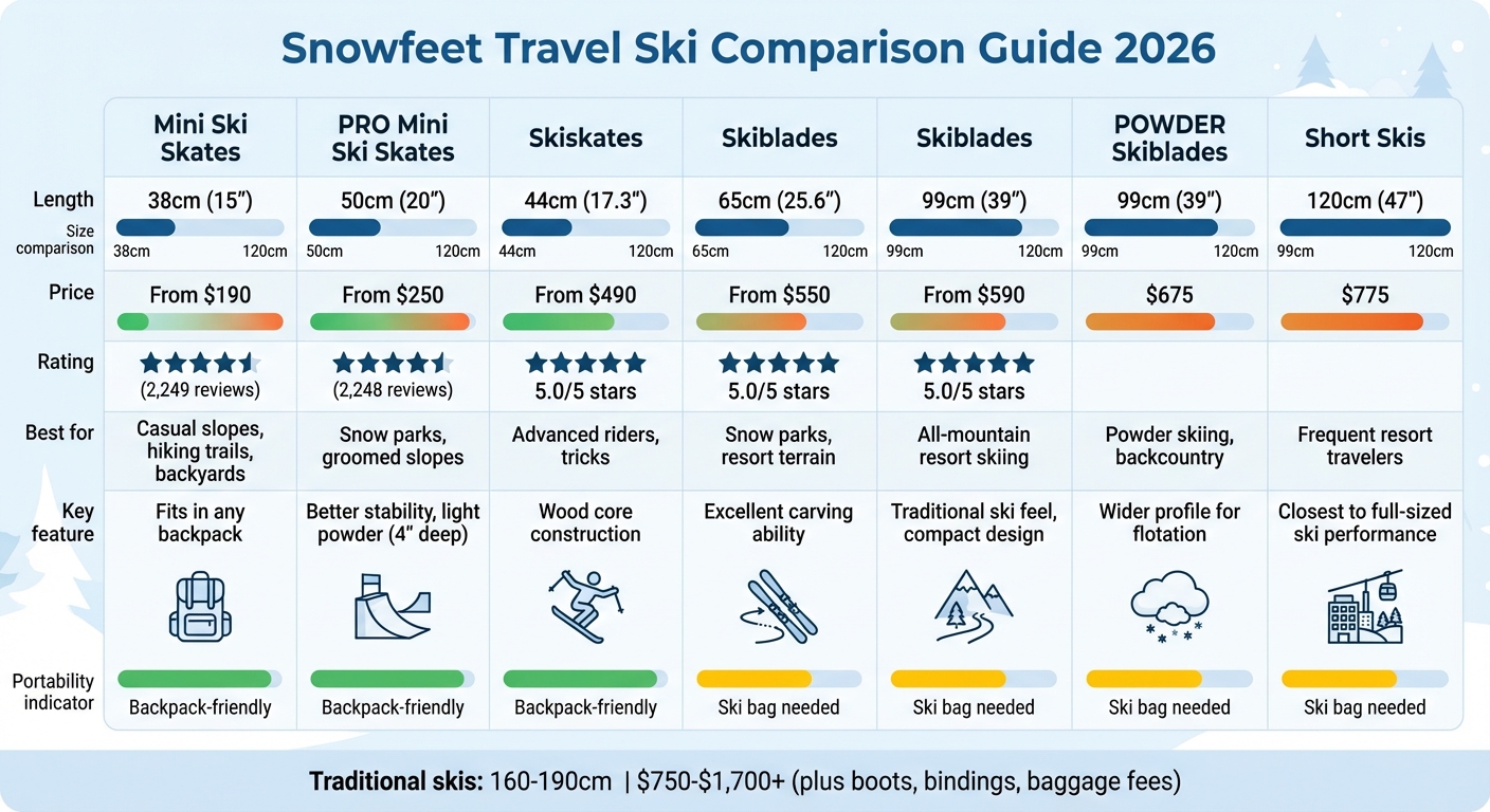 Snowfeet 스키 모델 비교: 크기, 가격, 최적 사용 사례 2026