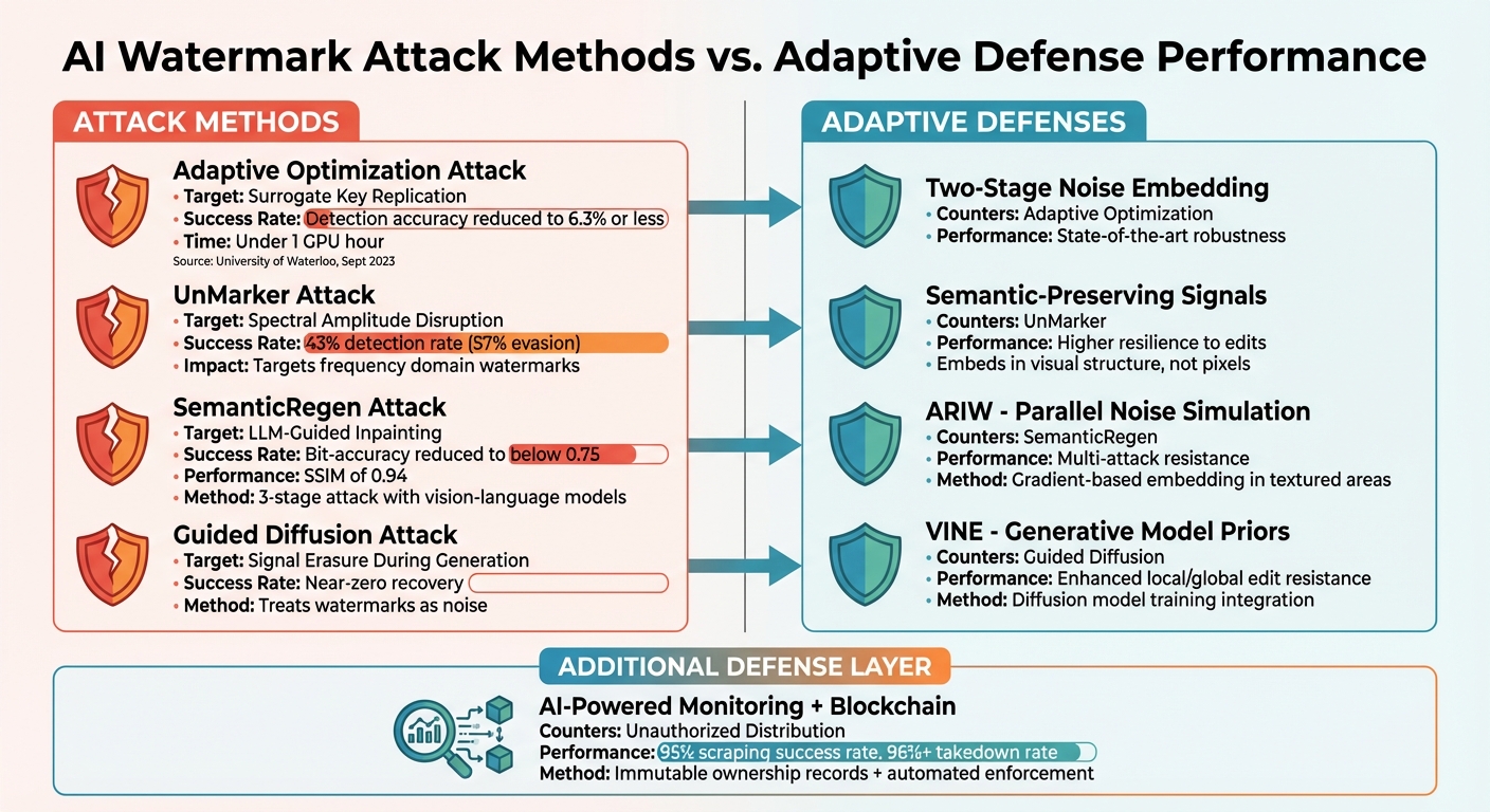 AI Watermark Attack Methods vs Adaptive Defense Performance Comparison