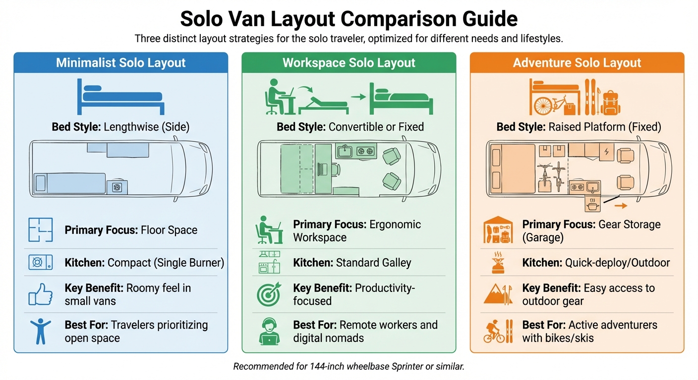 Solo Van Layout Comparison: Minimalist vs Workspace vs Adventure Designs