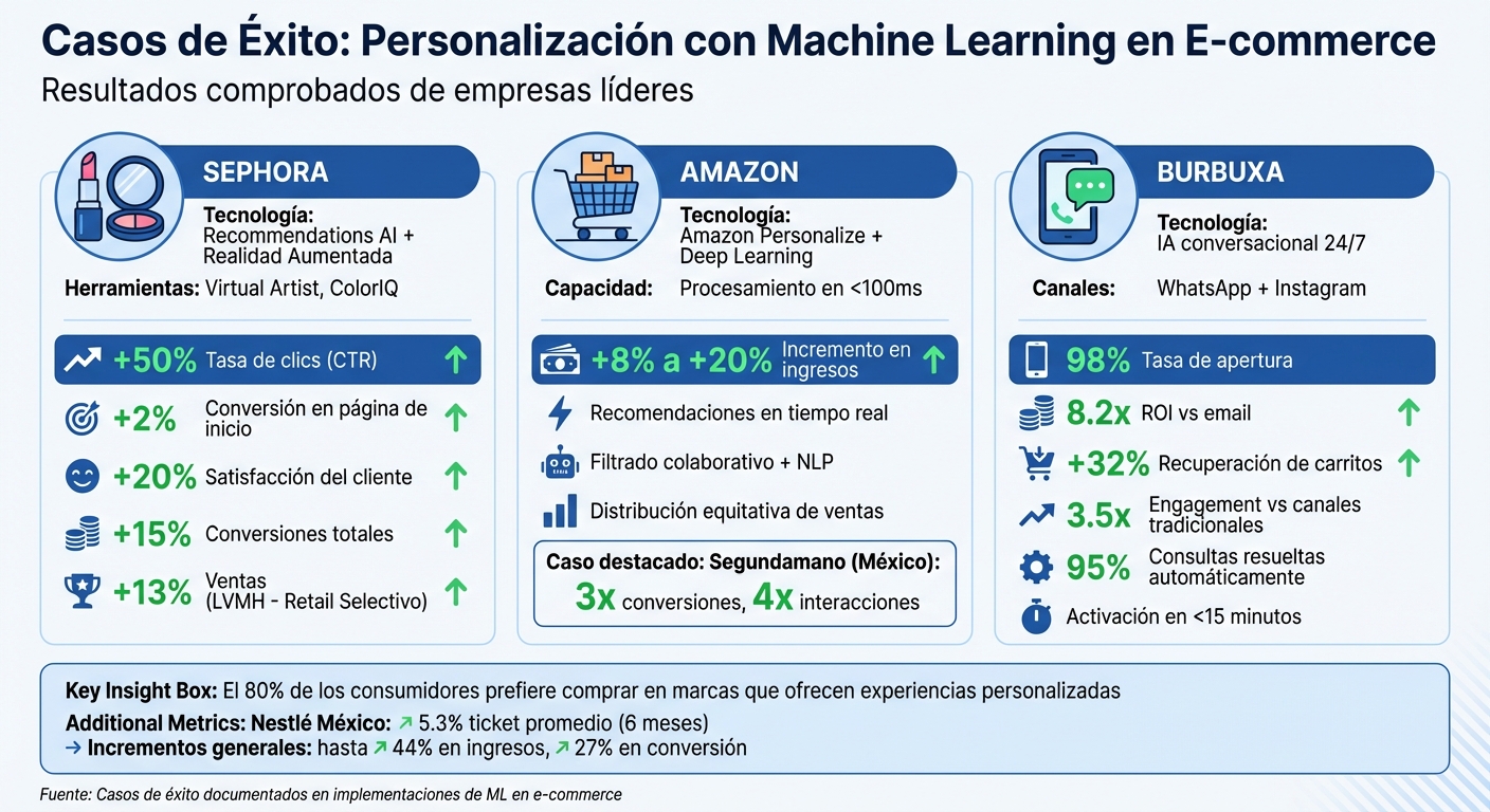 Resultados de personalización con ML en e-commerce: Sephora, Amazon y Burbuxa