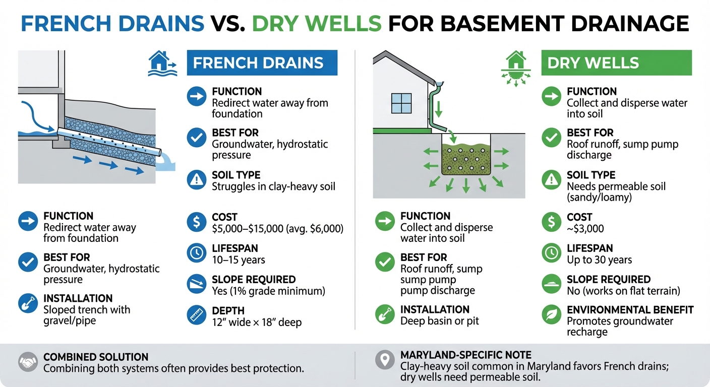 French Drains vs Dry Wells Comparison Chart for Basement Drainage
