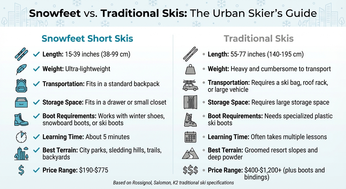 Snowfeet Short Skis vs Perinteiset sukset vertailukaavio