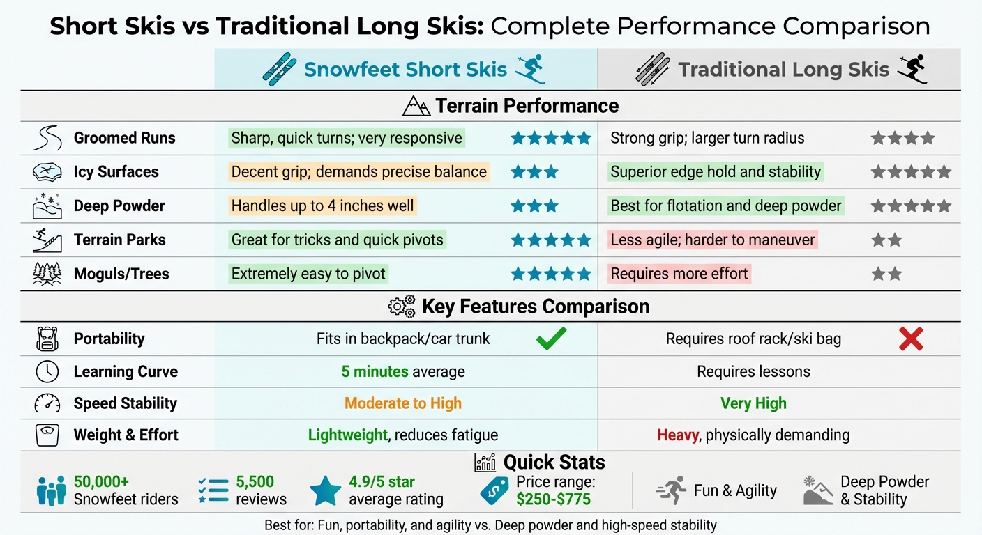 Sammenligningstabel for ydeevne: korte ski vs traditionelle lange ski