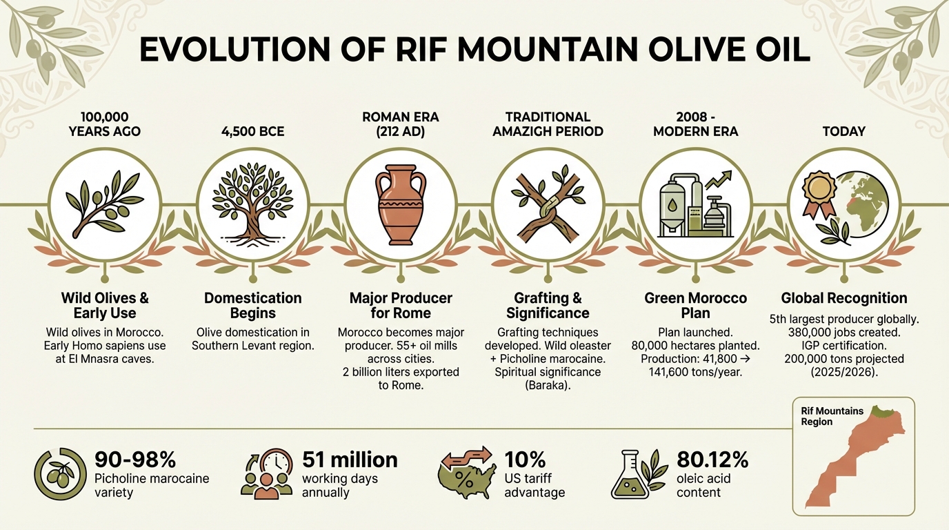 Timeline of Rif Mountain Olive Oil History: From 100,000 BCE to Modern Day