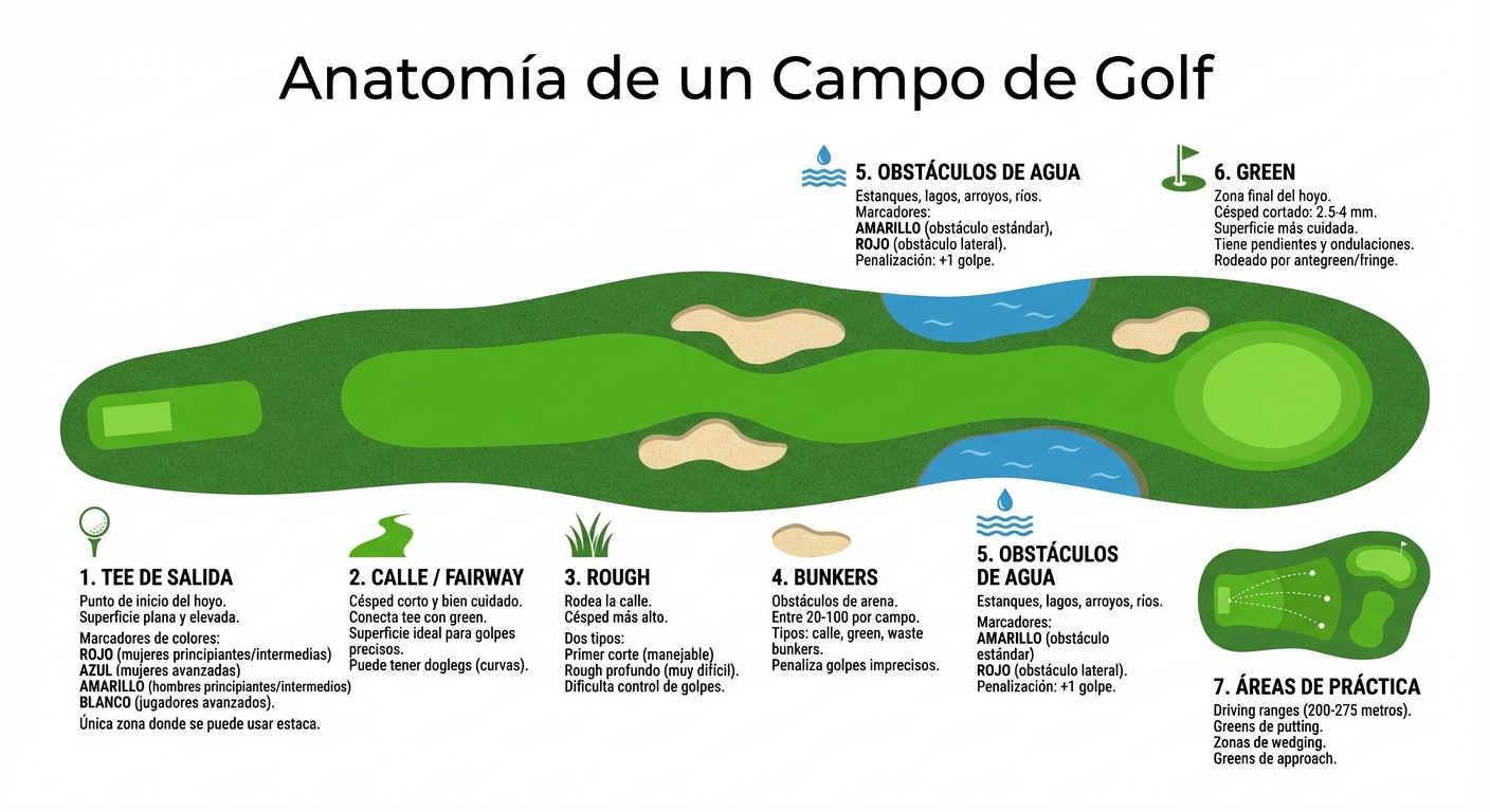 Partes principales de un campo de golf y sus características
