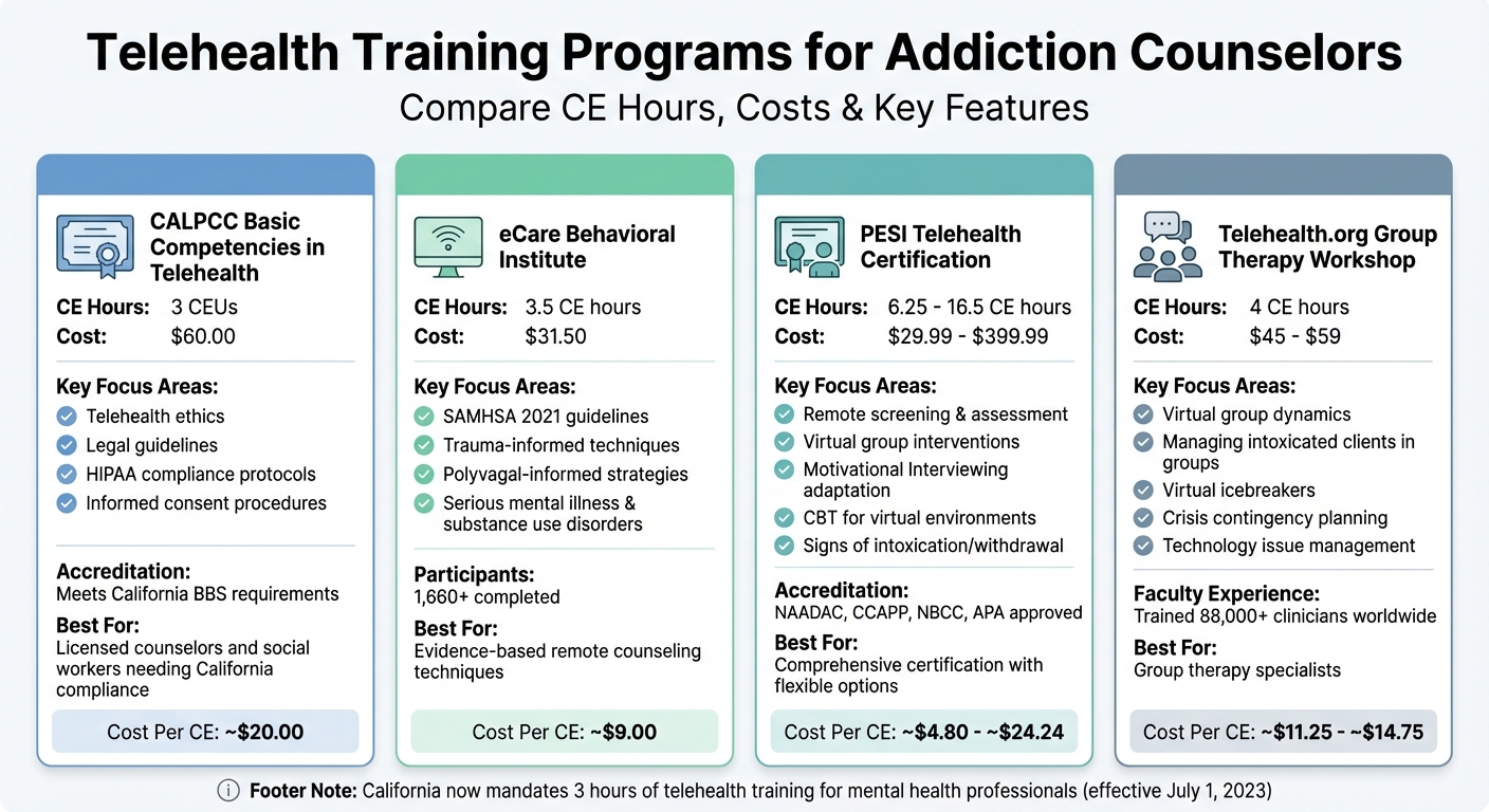 Telehealth Training Programs for Addiction Counselors: Comparison of CE Hours, Costs, and Key Features