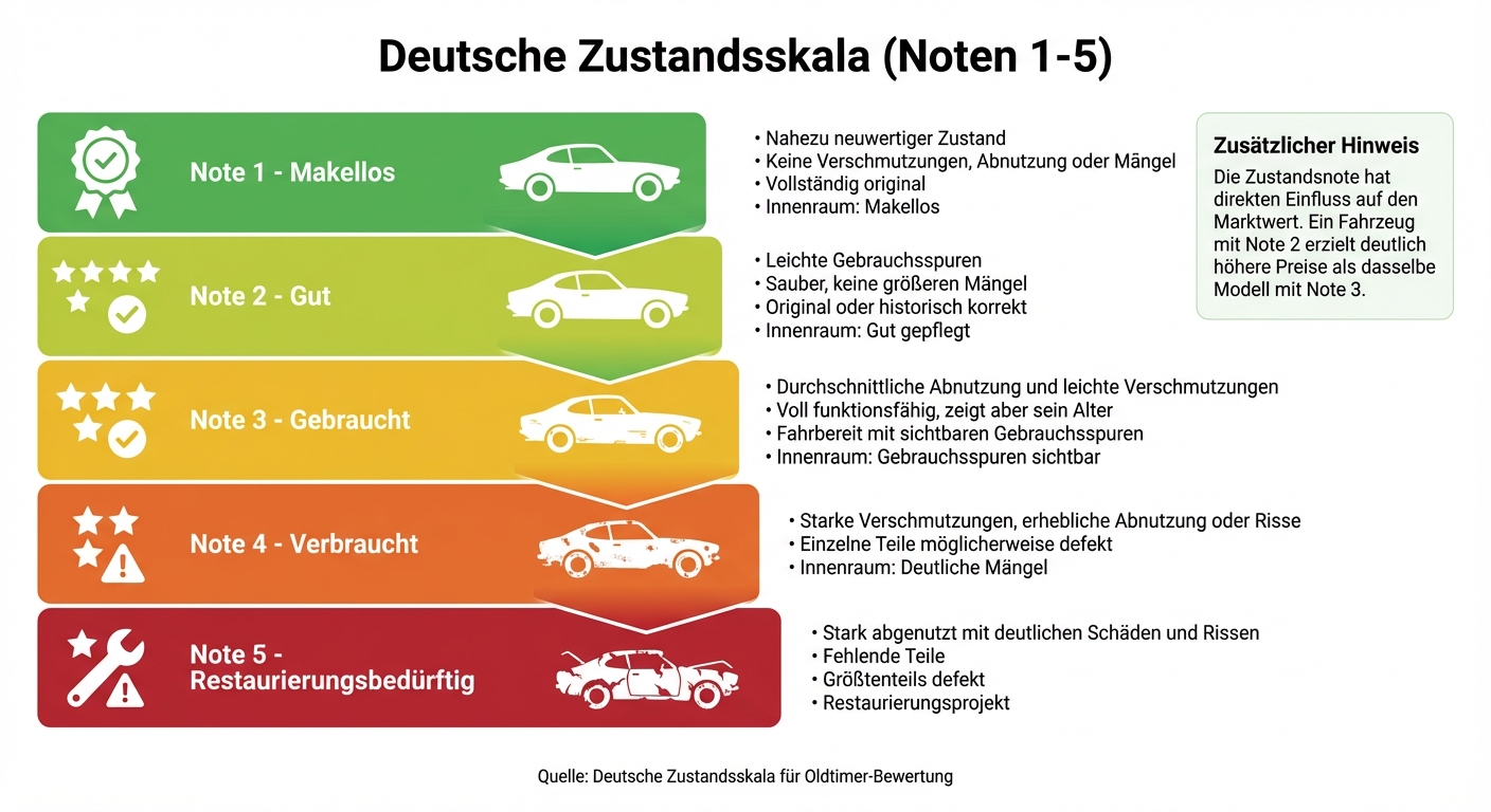 Deutsche Zustandsskala für Oldtimer: Bewertungsnoten 1-5 im Vergleich