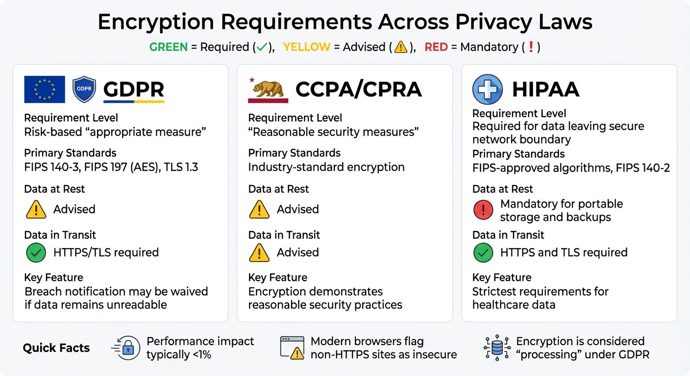 GDPR, CCPA, and HIPAA Encryption Requirements Comparison Chart