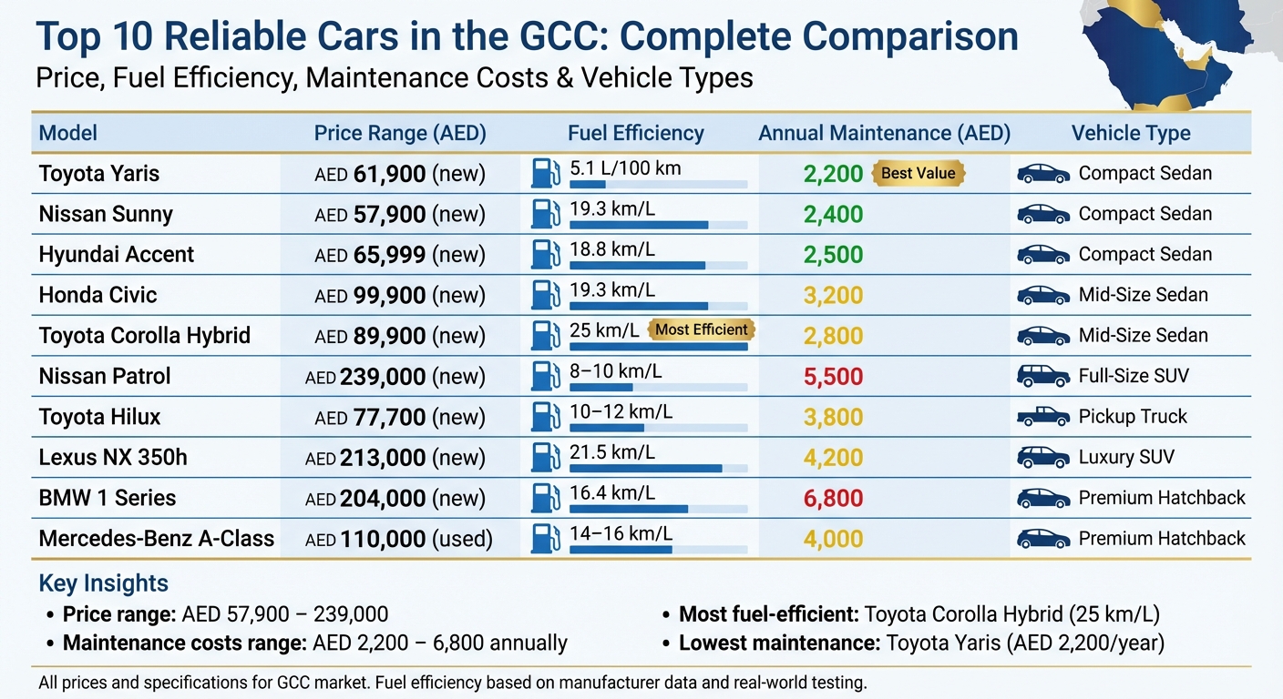 Top 10 Reliable Cars in GCC: Price, Fuel Efficiency & Maintenance Comparison