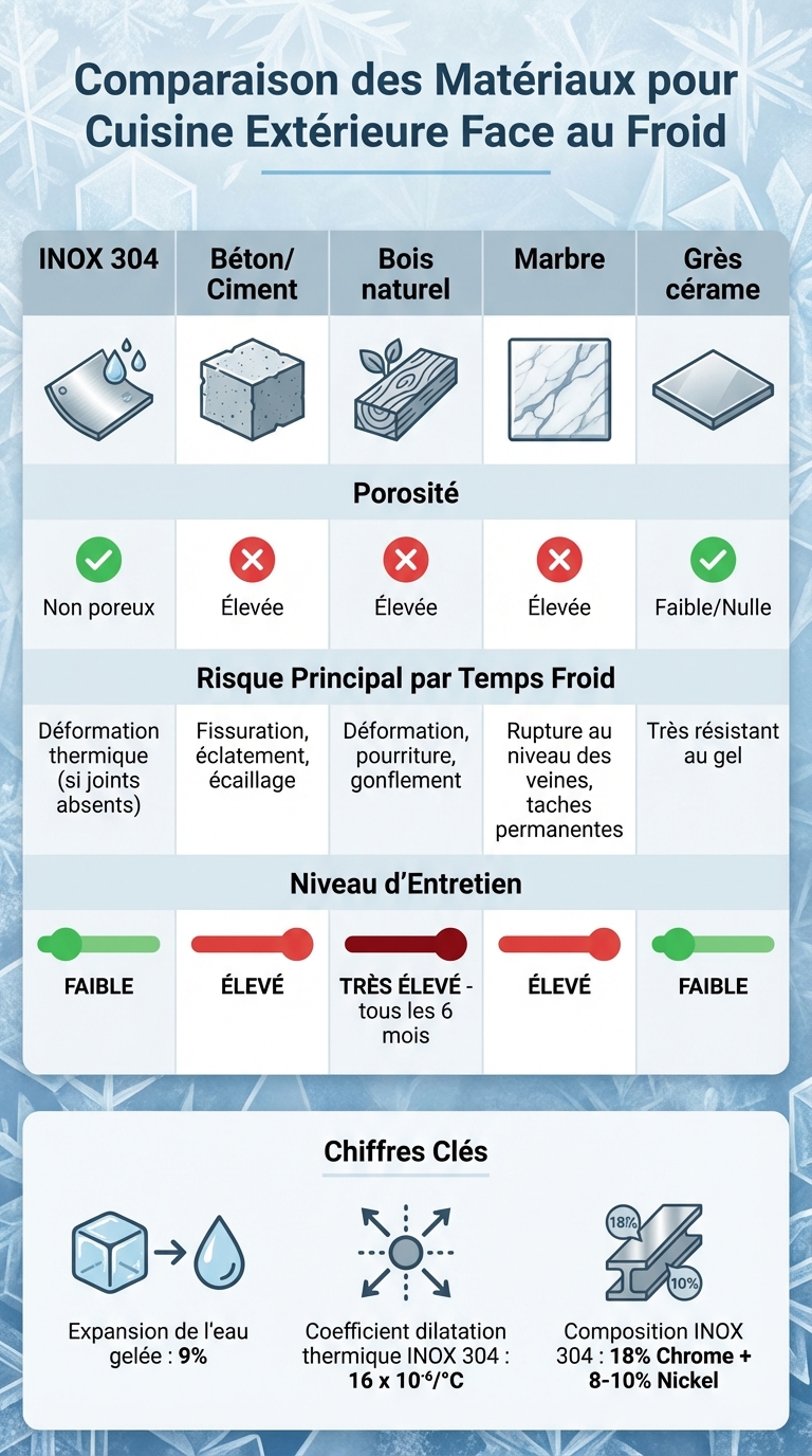 Comparaison des matériaux pour cuisine extérieure : résistance au froid et entretien