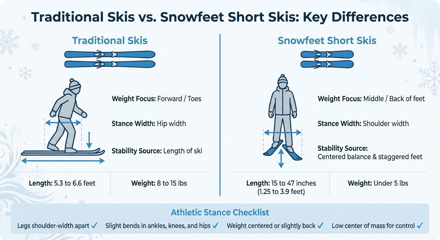 ショートスキー vs 従来のスキー：スタンスと体重配分の比較
