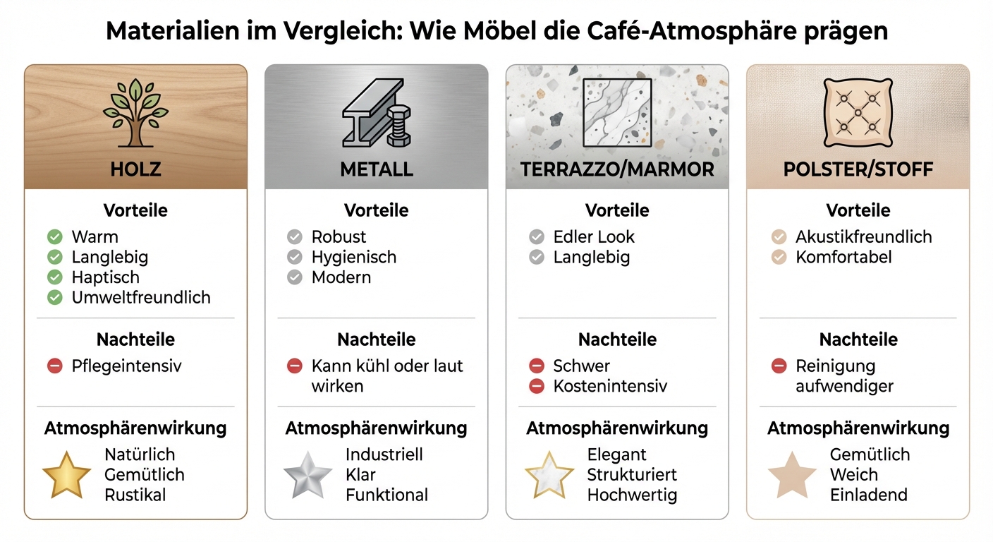 Vergleich von Café-Möbelmaterialien: Eigenschaften und Atmosphärenwirkung