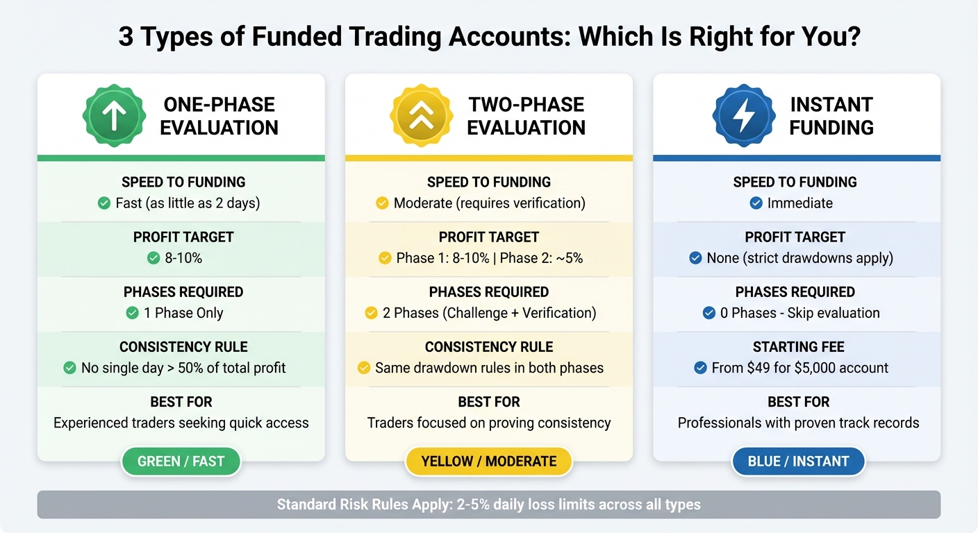 Funded Trading Account Types Comparison: One-Phase vs Two-Phase vs Instant Funding