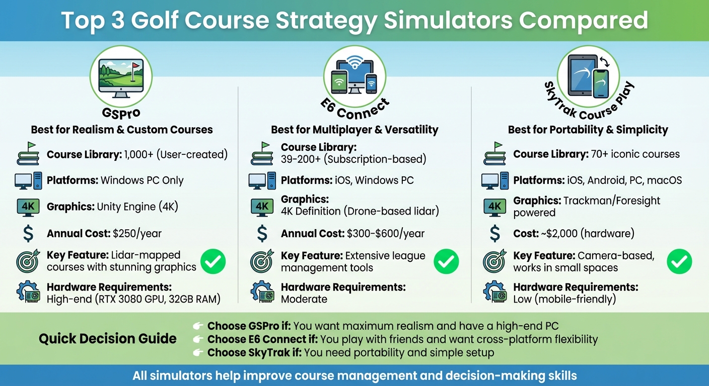 Golf Course Strategy Simulator Comparison: GSPro vs E6 Connect vs SkyTrak