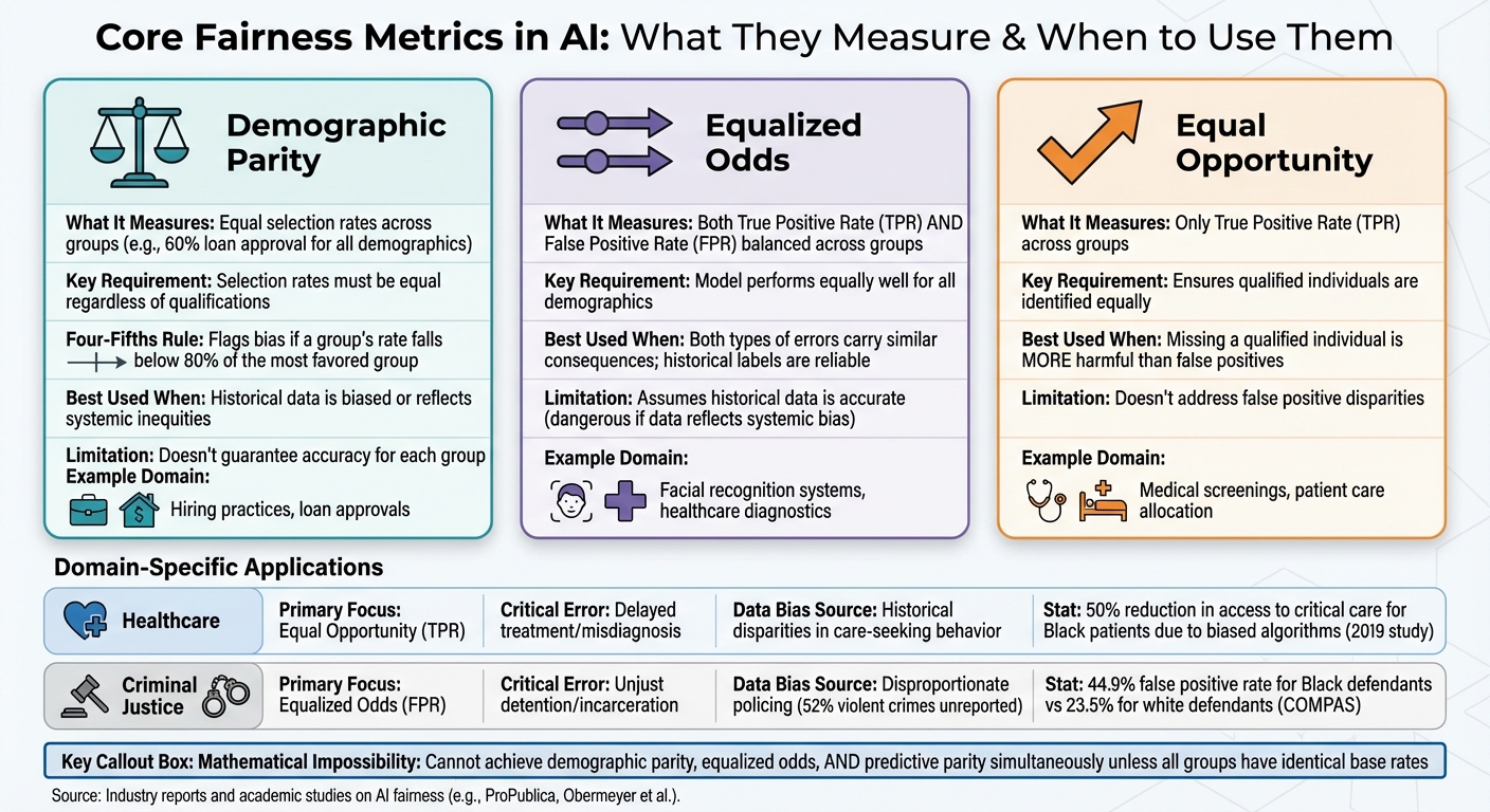 Core AI Fairness Metrics Comparison: Demographic Parity vs Equalized Odds vs Equal Opportunity