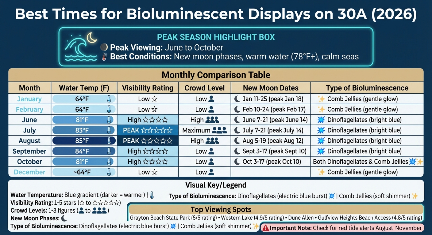 Best Months for Bioluminescence Viewing on 30A: Temperature, Visibility and Crowd Levels