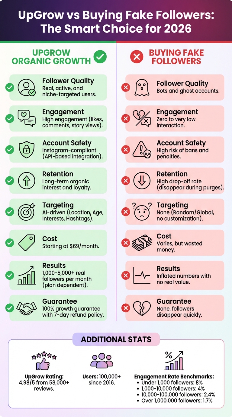 UpGrow vs Buying Fake Instagram Followers Comparison 2026