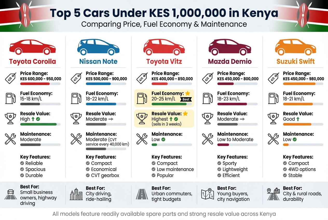 Top 5 Cars Under KES 1M in Kenya: Price, Fuel Economy & Maintenance Comparison