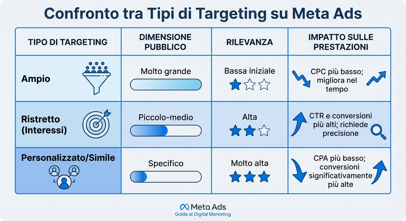 Segmentazione per interessi su meta ads 2 Confronto tra tipi di targeting su meta ads: ampio vs ristretto vs personalizzato
