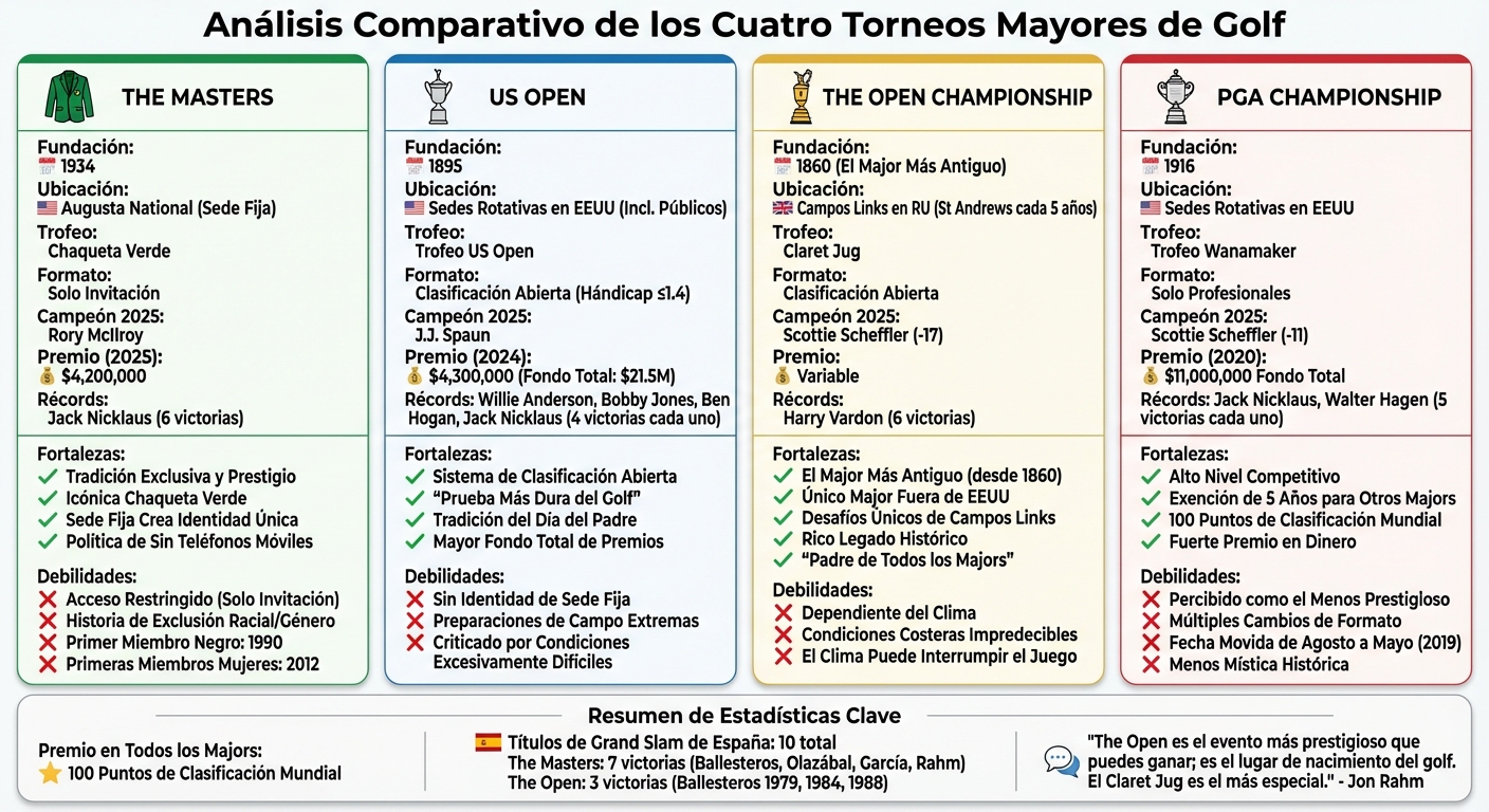 Comparación de los 4 Majors de Golf: Masters, US Open, The Open y PGA Championship