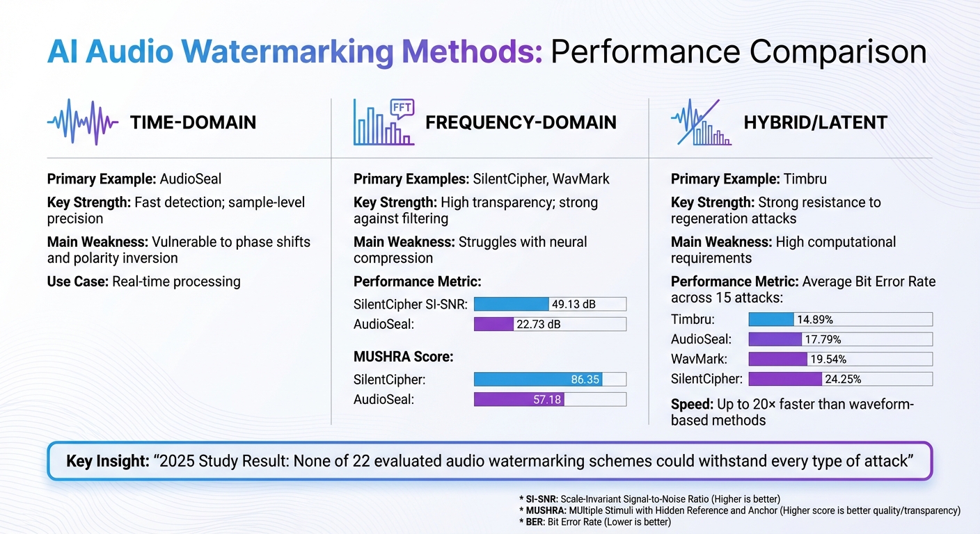 AI Audio Watermarking Methods Comparison: Time-Domain vs Frequency-Domain vs Hybrid Techniques