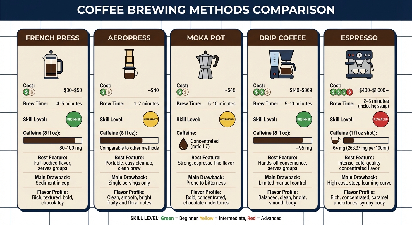 Coffee Brewing Methods Comparison: Cost, Time, Skill Level and Features