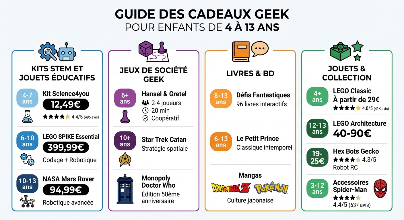 Guide cadeaux geek enfants 4-13 ans par catégorie et prix