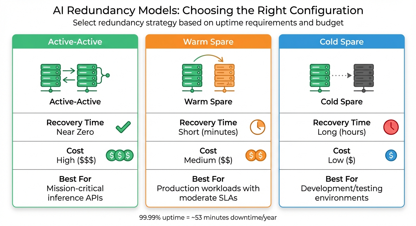 AI High Availability Redundancy Models Comparison: Active-Active vs Warm Spare vs Cold Spare