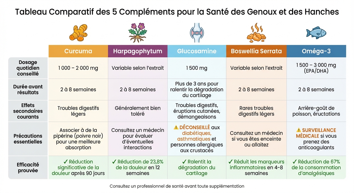 Comparatif des 5 compléments alimentaires pour les articulations : dosages, durée et précautions