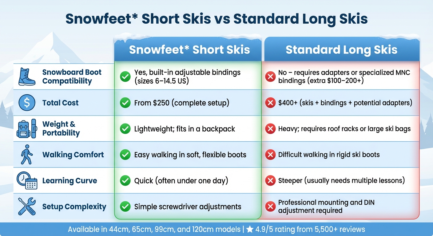 Porównanie Snowfeet Short Skis i standardowych długich nart