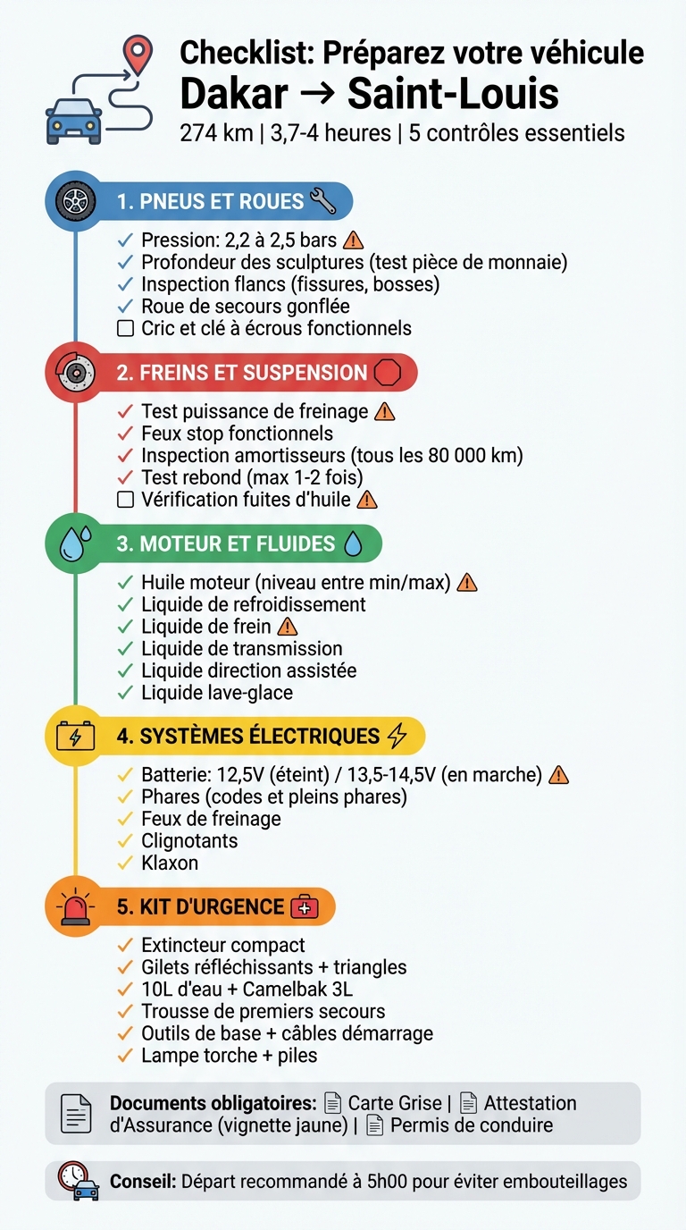 Checklist préparation voiture trajet Dakar-Saint-Louis : contrôles essentiels