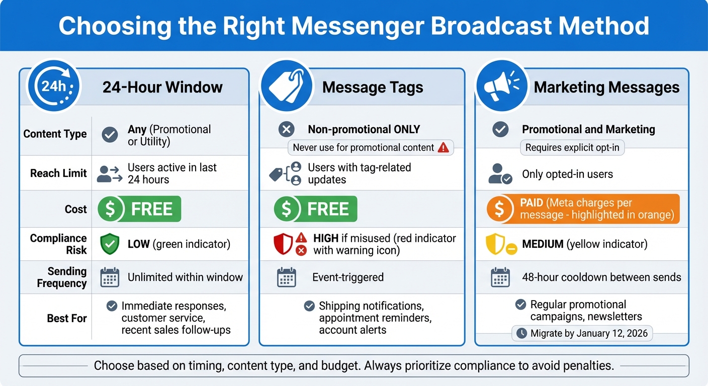 Messenger Broadcast Methods Comparison: 24-Hour Window vs Message Tags vs Marketing Messages