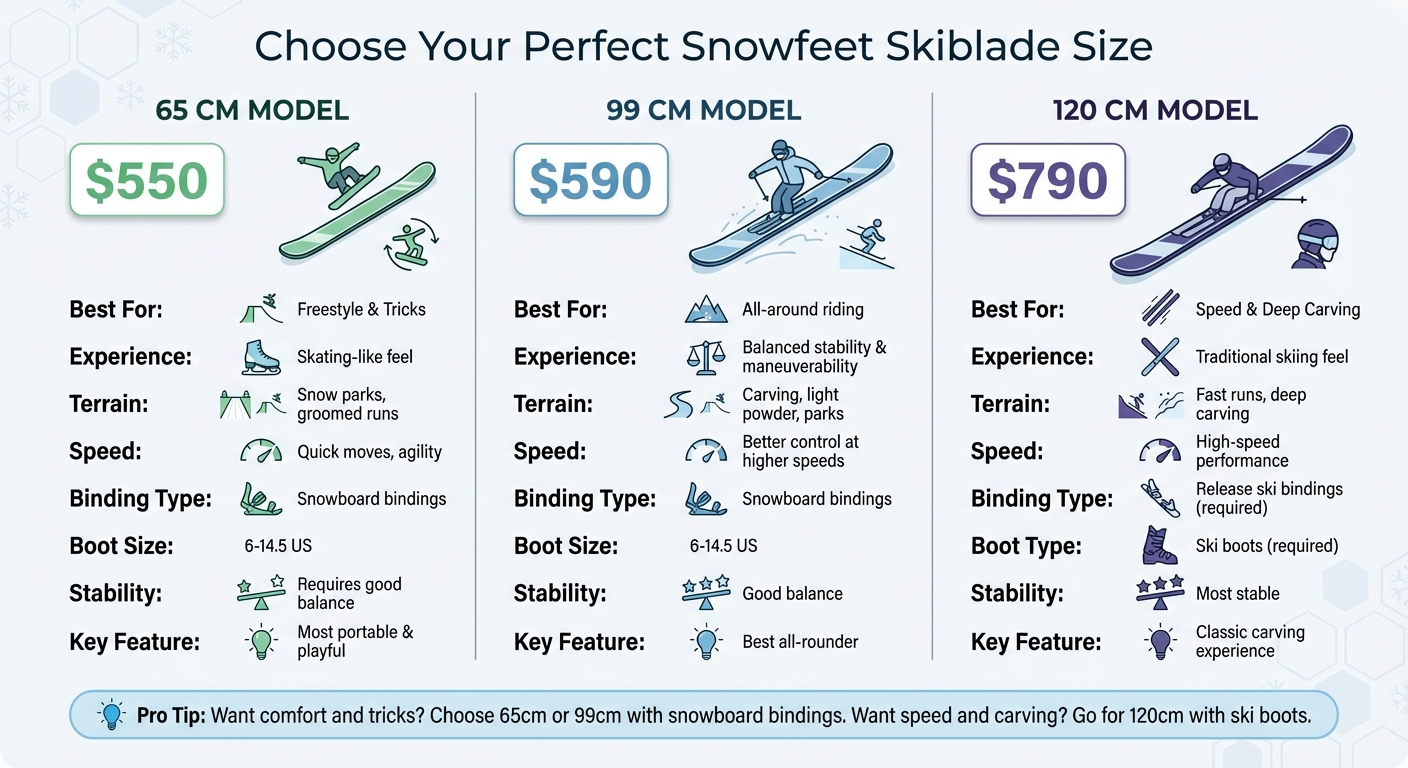 Porównanie rozmiarów Snowfeet Skiblades: 65 cm vs 99 cm vs 120 cm