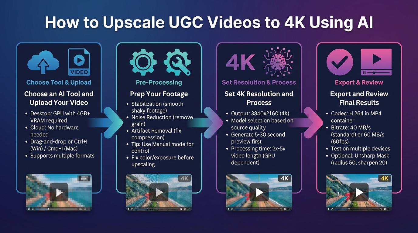 4-Step AI Video Upscaling Process from Upload to 4K Export