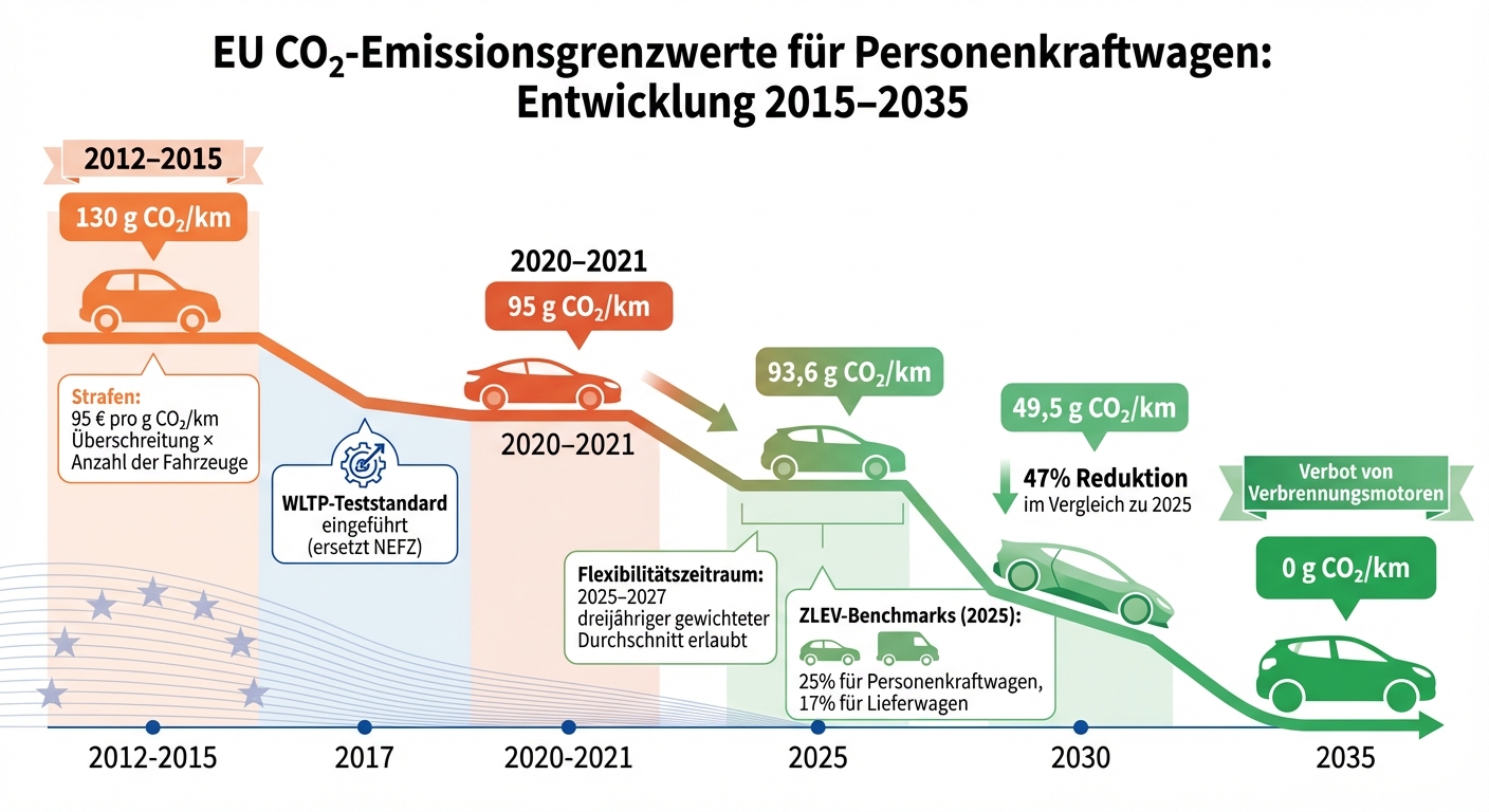 EU CO2-Grenzwerte für Pkw: Entwicklung von 2015 bis 2035