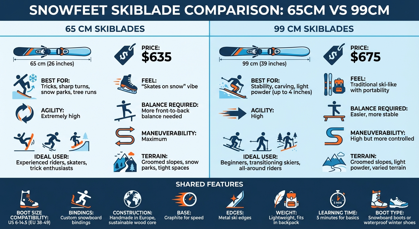 Porównanie modeli Snowfeet Skiblades: cechy i specyfikacje 65 cm vs 99 cm