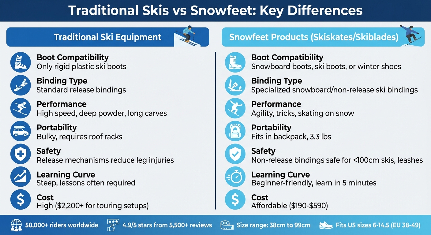 Tabela porównawcza tradycyjnego sprzętu narciarskiego i produktów Snowfeet