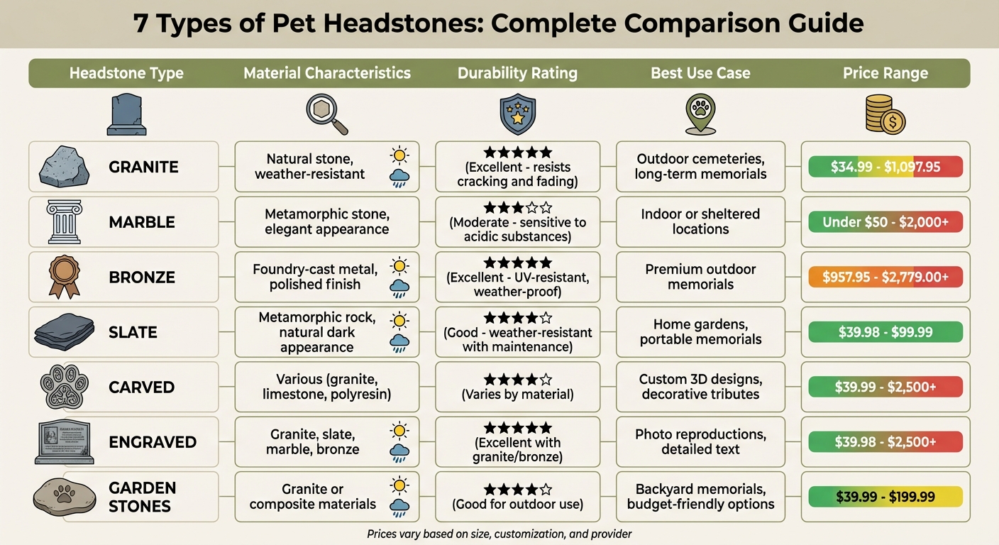 Pet Headstone Types Comparison: Materials, Durability, and Price Ranges