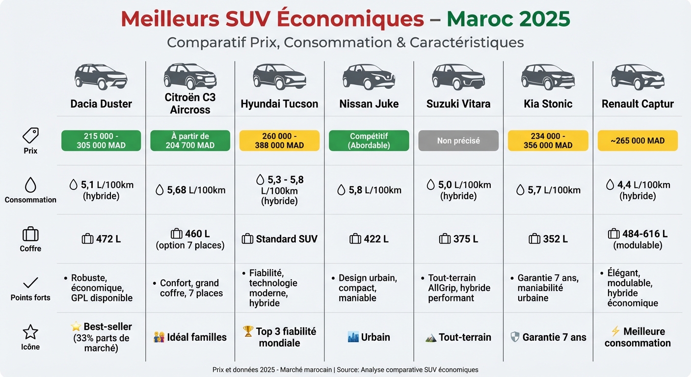 Comparatif des 7 meilleurs SUV économiques au Maroc 2025 : prix, consommation et caractéristiques