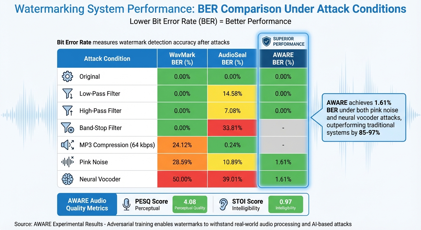 Audio Watermarking Performance Comparison: Traditional vs Adversarial Training Systems