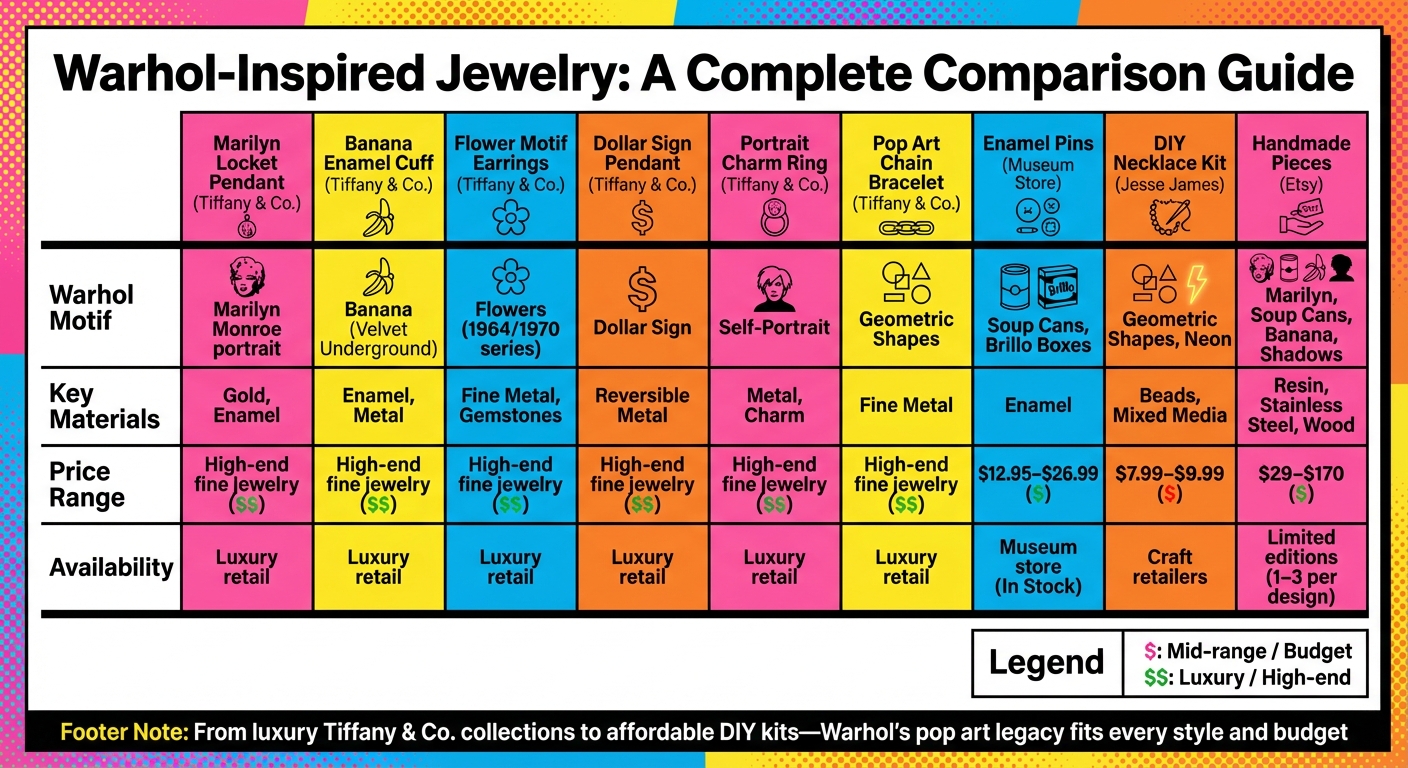 Warhol-Inspired Jewelry Comparison: Motifs, Materials, and Price Ranges